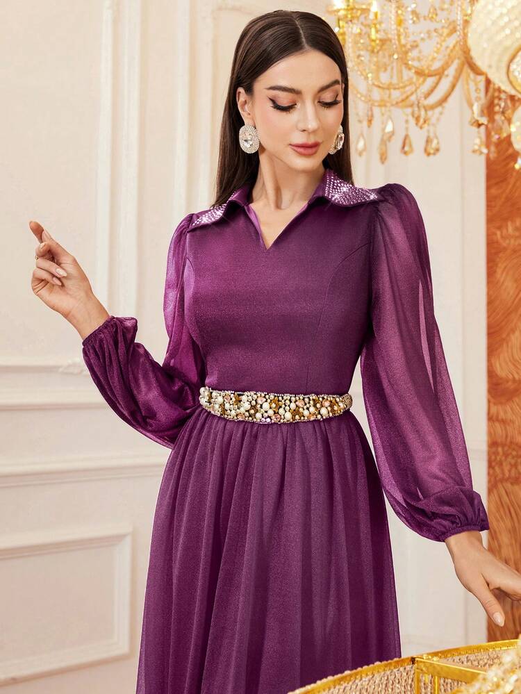 Patchwork Sheer Mesh V Neckline Waist Cinched Dress,Elegant Evening Party Dress Long Evening Dresses