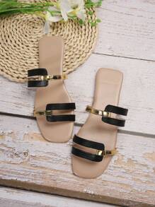 女士时尚休闲平底凉鞋和拖鞋，舒适百搭，适合春夏穿着 - 黑色 - 查看 4