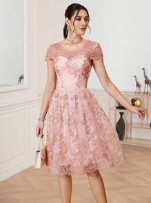 SHEIN BAE Vestido De Fiesta De Cóctel Con Cintura Ajustada Y Encaje De Patchwork - Rosa - Ver 1