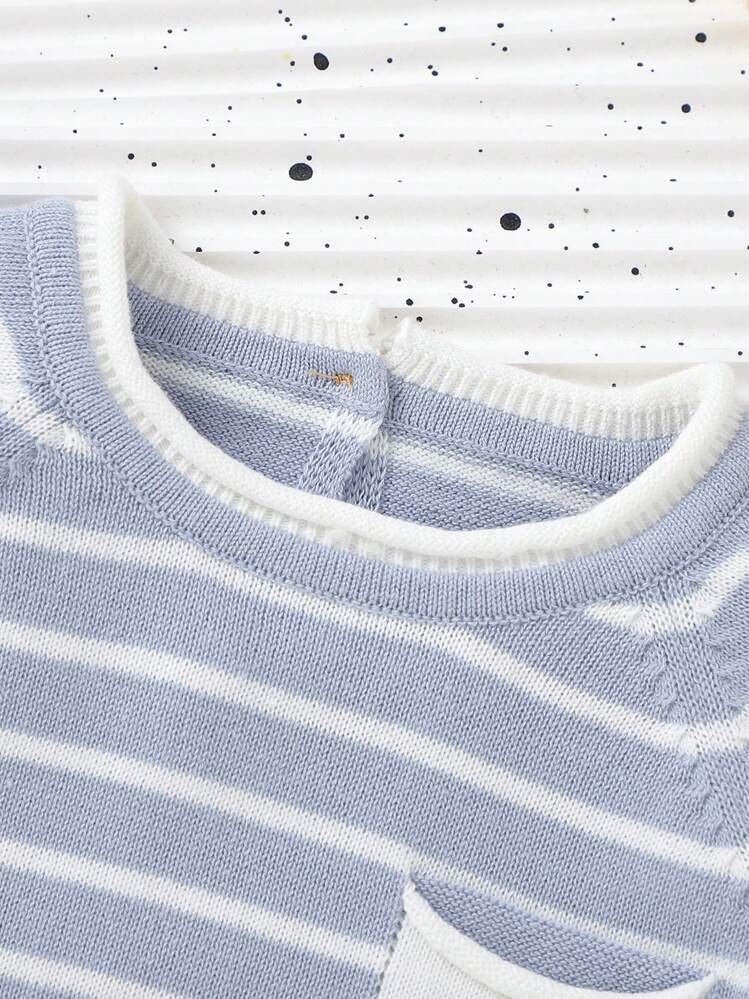 寶寶男童條紋拉格蘭短袖毛衣 - 藍色 - 查看 4