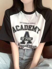 DAZY Áo thun nữ in chữ màu khối ghép nối mùa hè, áo thun đồ họa - Đen và trắng - Xem 5