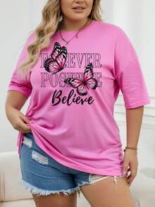 SHEIN EZwear Kích thước lớn Loại bướm Và In thư Ngắn tay Áo thun - Hồng - Xem 4