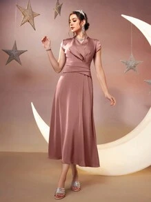 Modelyn 女式v領阿拉伯風格褶皺長裙 - 粉色 - 查看 1