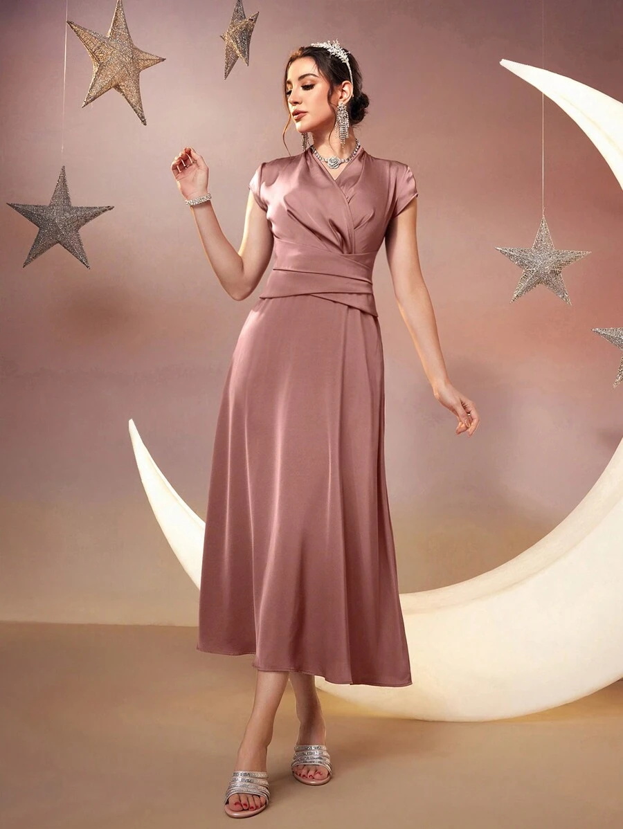 Modelyn 女式v領阿拉伯風格褶皺長裙 - 粉色 - 查看 1