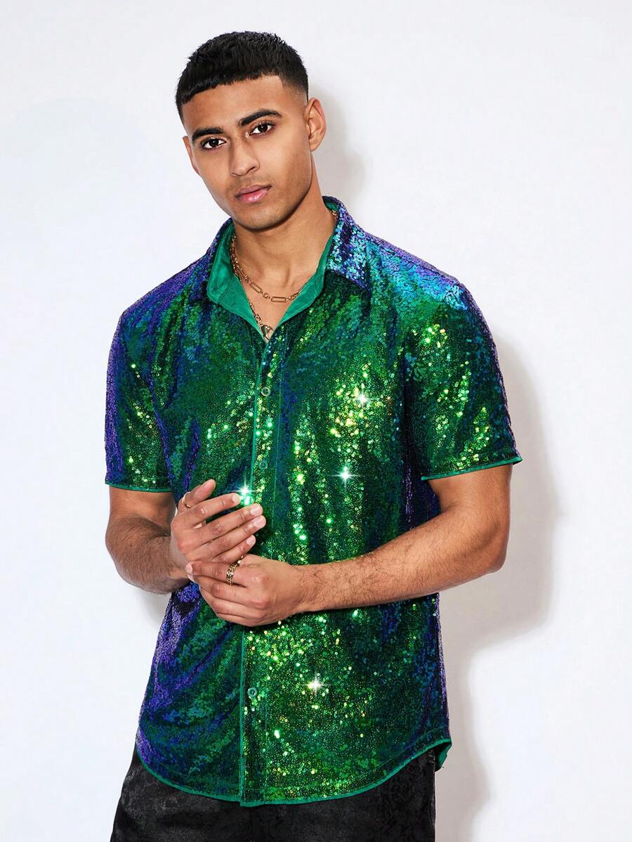 GENTILAND Men's Sequin Short Sleeve Shirt - Green - View 1