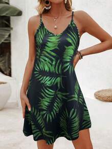 無袖熱帶植物印花裙 - 綠色 - 查看 1