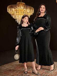 SHEIN Tween dziewczynka Kochany Perłowa dekoracja Rozcięty brzeg Pierze Lamówka Sukienka Midi