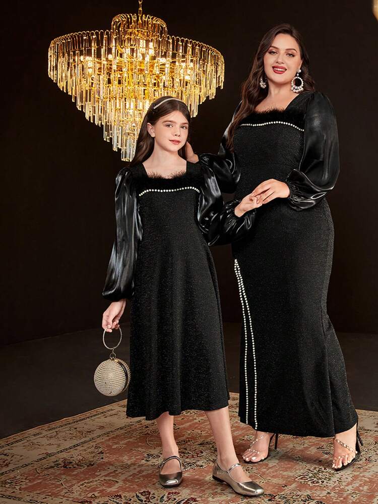 Tween Girls' Lovely Pearl Decor Split Hem Feathers Trim Midi Dress