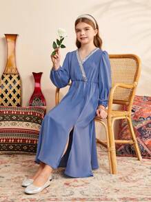 SHEIN Vestido Elegante Com Decote Em V Solto E Cinto De Tecido Para Meninas Adolescentes - Azul - Ver 2