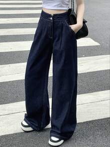 Dazy Designer 女式褶皱阔腿牛仔裤，返校服装 - 藍色 - 查看 6