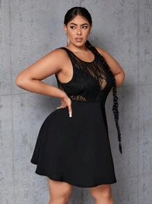 SHEIN SXY 大碼蕾絲拼接連衣裙 - 黑色 - 查看 4