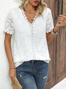 SHEIN LUNE 女式純色空心花邊插花拼接上衣 - 白色 - 查看 3