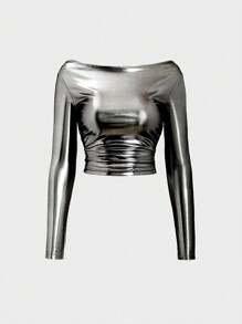 EgrlEra 银色露肩T恤，Y2K风格，适合秋季女性穿着。 - 銀色 - 查看 1