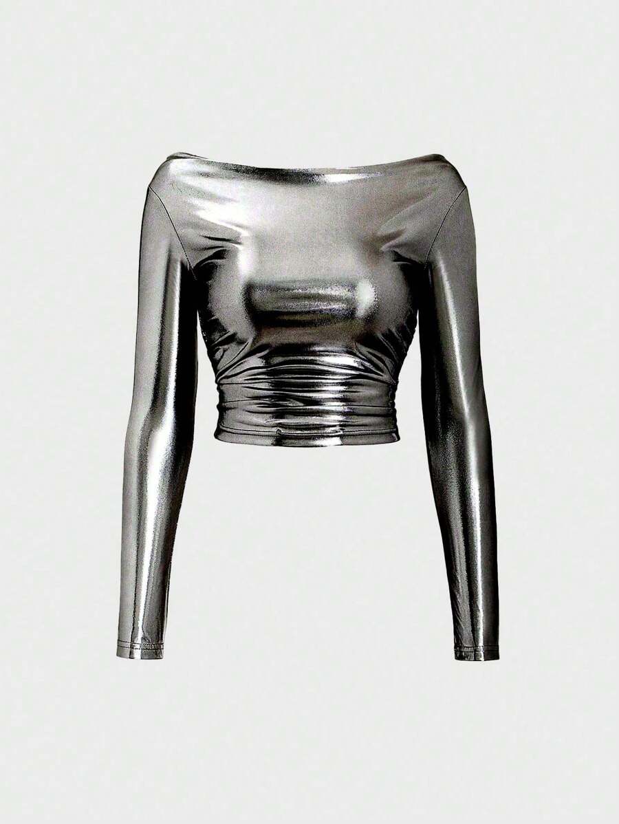 EgrlEra 银色露肩T恤，Y2K风格，适合秋季女性穿着。 - 銀色 - 查看 1