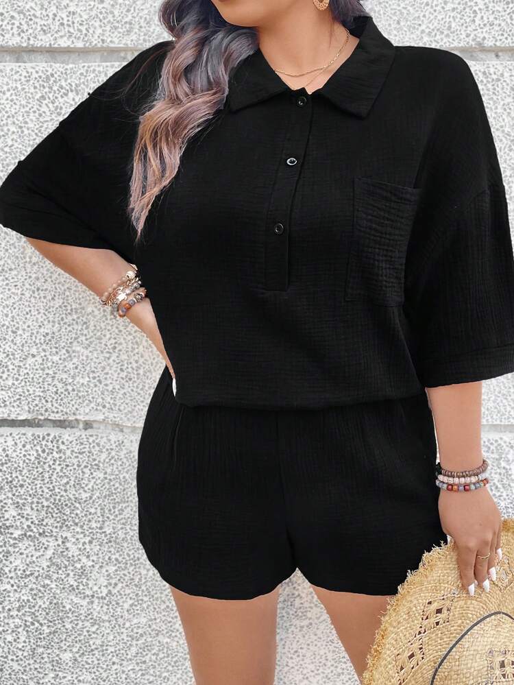 Plus Size Women's Solid Color Button Front Half Placket Top And Shorts Set