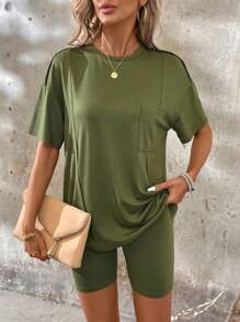 SHEIN LUNE 女士實色圓領垂肩短袖上衣和短褲套裝 - 軍綠色 - 查看 6