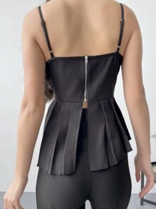 Firerie Solid Color Pleated Asymmetrical Hem Camisole Top - Black - View 2