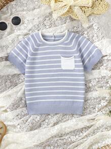 Baby Boy Striped Raglan Short Sleeve Sweater - Blue - View 1
