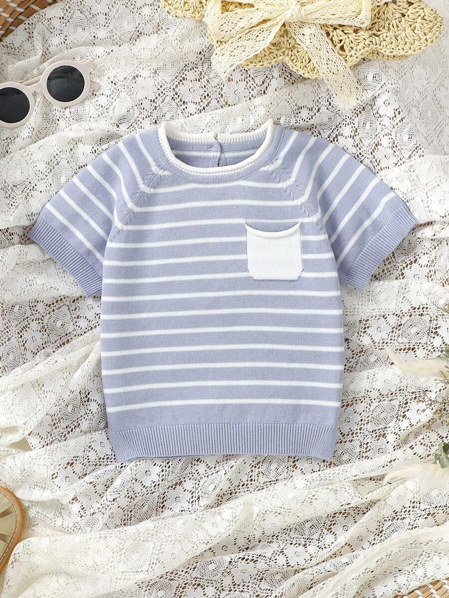 Baby Boy Striped Raglan Short Sleeve Sweater - Blue - View 1