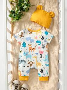 SHEIN 新生嬰兒女童卡通長頸鹿短袖連體褲 - 彩色 - 查看 2