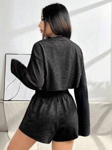 INAWLY Quý cô In thư Quần skinny Áo Và Bộ quần short - Màu xám đen - Xem 2