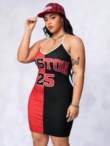SHEIN Coolane Plus Two Tone Letter Graphic Halter Dress - Multicolor - View 6