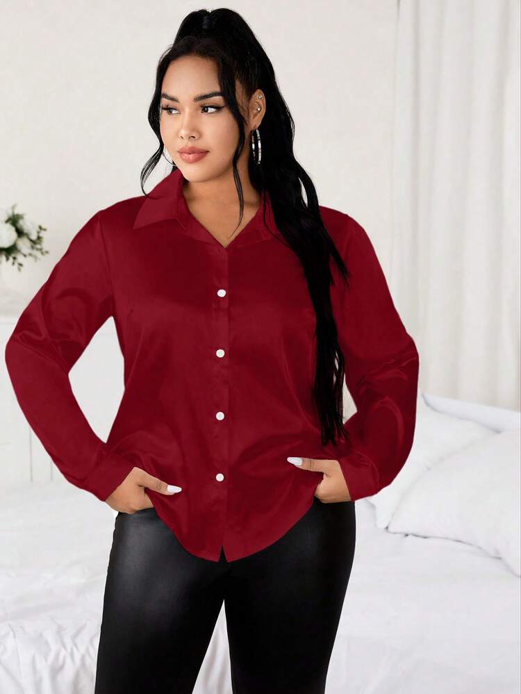 Celure Plus Size Solid Color Casual Long Sleeve Shirt - Burgundy - View 6