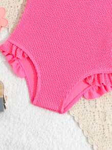 SHEIN Baby Girl Solid Pink Textured One Piece Swimsuit For Summer, Beach, Swimming Pool - Hot Pink - View 5
