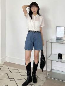 DAZY Button Ribbed Short Sleeve T-Shirt - White - View 5