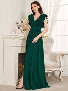 Ladies' Solid Color Ruffle Hem Slit Bridesmaid Dress - Green - View 3
