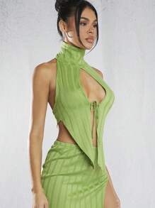 Hauture Women's Asymmetrical Hem Halter Neck Sleeveless Top With Hollow Out Design - Green - View 6