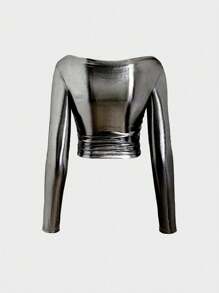 EgrlEra 银色露肩T恤，Y2K风格，适合秋季女性穿着。 - 銀色 - 查看 2