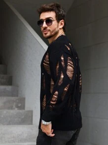 Manfinity Homme 男士做旧镂空针织街头潮流拼色套头长袖上衣，适合外出、朋友聚会、放大男士长袖针织，男士毛衣上衣，男士黑色毛衣，男士针织上衣，适合秋冬 - 黑色 - 查看 6