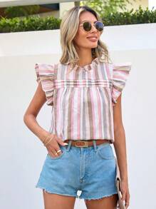SHEIN Clasi Striped Ruffle Trimmed Decoration Casual Shirt Pink Shirt - Multicolor - View 3