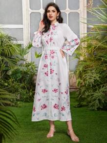 Al Najma Women's Stand Collar Flower Printed Long Sleeve Single Breasted Dress - White - View 3