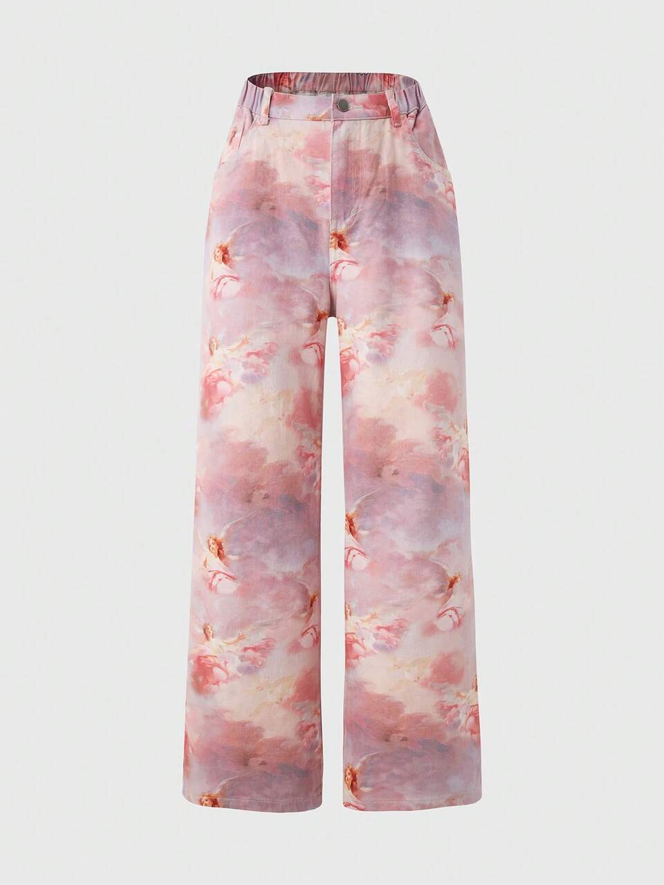 Teen Girls' Y2k Sweet & Cool Pink Angel Printed Comfortable High Waist Wide Leg Jeans With Elastic Waistband