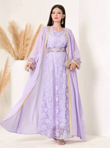 Embroidered Lace Detail Dress And Patchwork Woven Tape Outerwear - Purple - View 4