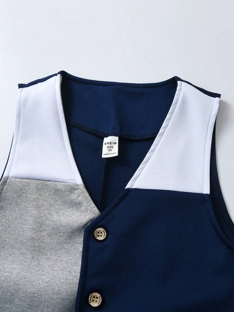 2pcs Color Block Gentlemen's Vest Set, Vintage College Style Suit For Festival, Party, Dress Up Occasions Like Birthday, Wedding Or Performances