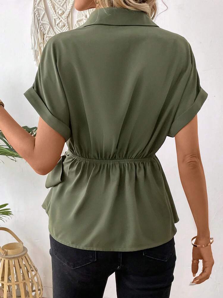 Solid Color V-Neck Wrap Front Cinched Waist Blouse