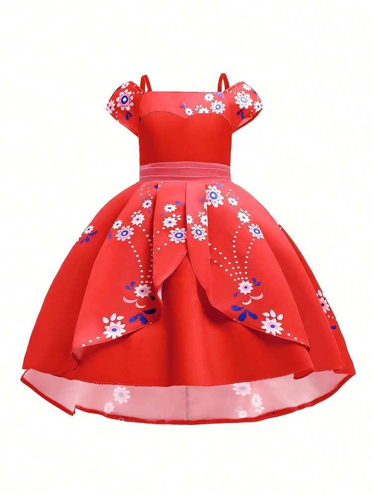 Young Girl's Flower Print Big Swing Princess Dress For Birthday Party, Wedding Flower Girl Dress