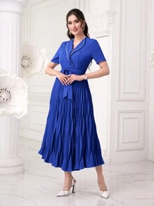 Modelyn 女士珠飾肩披領褶曲線擺擺裙 - 寶藍色 - 查看 4