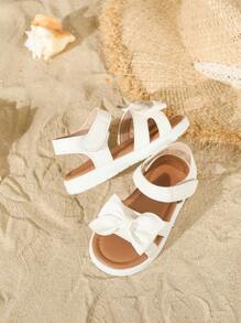 女童白色时尚凉鞋，幼儿连衣裙鞋，蝴蝶结露趾休闲沙滩鞋，春夏款