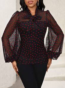 SHEIN Lady Heart Mesh Lantern Sleeve Top - Multicolor - View 6