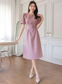 DAZY Vestido de verano de mujer de manga abultada con cuello redondo y unicolor - Rosa - Ver 1
