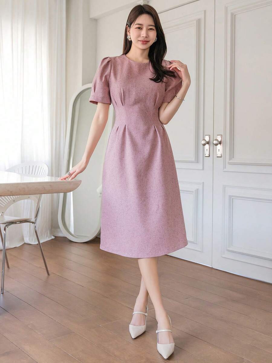 DAZY Vestido de verano de mujer de manga abultada con cuello redondo y unicolor - Rosa - Ver 1
