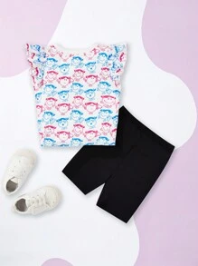 Mr Men Little Miss X SHEIN Baby Girl Cartoon Graphic Ruffle Armhole Knot Hem Top & Shorts - Multicolor - View 2