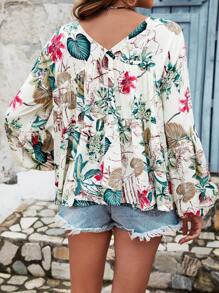 SHEIN Frenchy Summer Tropical Print Knot Neck Lantern Sleeve Blouse Winter Vacation Flower - Multicolor - View 5