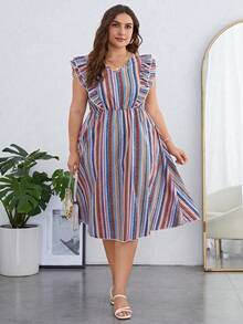 SHEIN Holidaya 休閒揉皺 後系帶條紋加大洋裝 - 彩色 - 查看 4