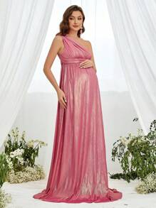 Faeriesty Dressalisa Maternity One Shoulder Floor Length Metallic Gown - Hot Pink - View 4