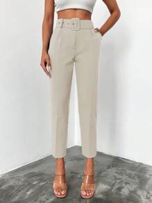 EURMUSE Jednolity Slant Pocket Z paskiem Przycięte Spodnie garniturowe